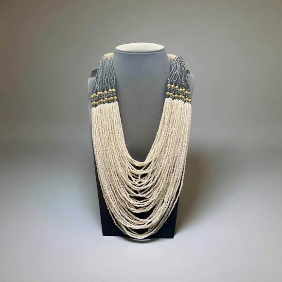 Vintage Handmade Multistring White and black Beaded Statement Necklace - Picture 2 of 9